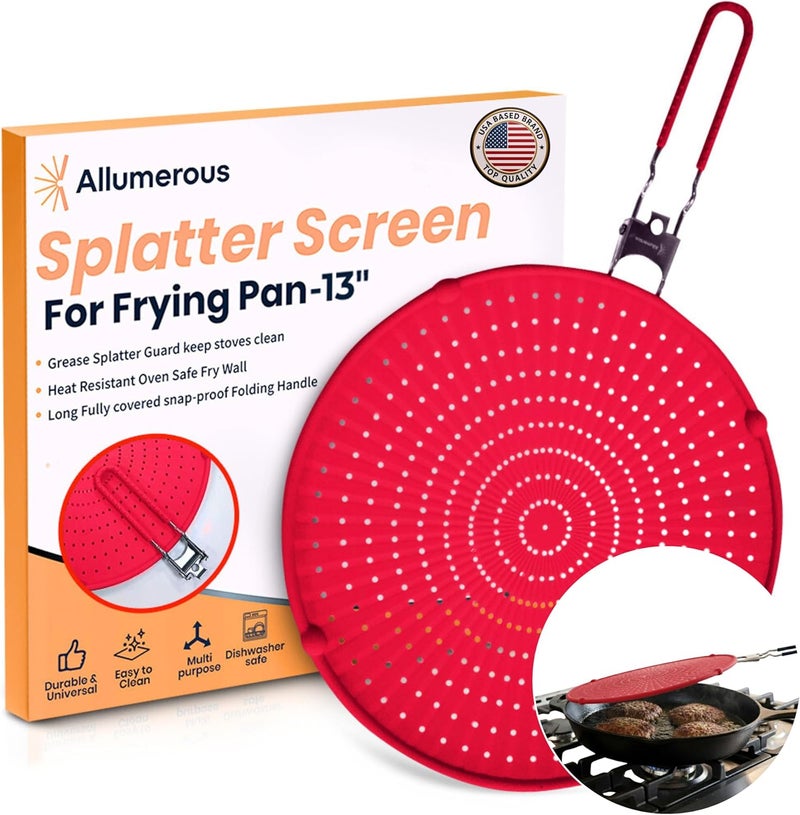 Allumerous Store Silicone Splatter Screen for Frying Pan | Red 13"| No More Oil Splatters | Foldable Handle w/Sleeves, Heat-Resistant, Dishwasher-Safe | Versatile Tool Fits 10"–12″ Pans (Most 13″ Skillets Compatible) - Image 1